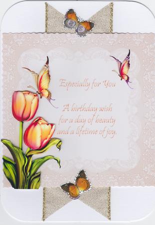 Square Card Front with Tulips Butterflies and Verse by Susan Cummings