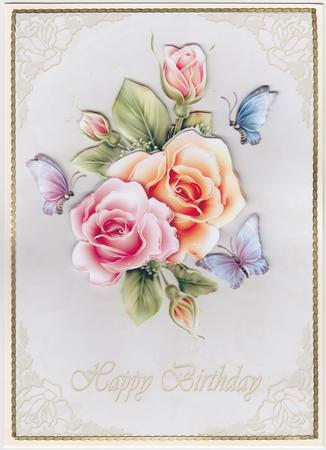 Roses and Butterflies Card Front in Apricot by Susan Cummings