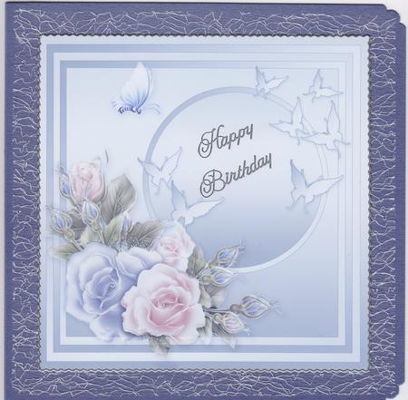 Roses and Butterflies on a Blue Ornate Panel - 8in x 8in Ins by Susan Cummings