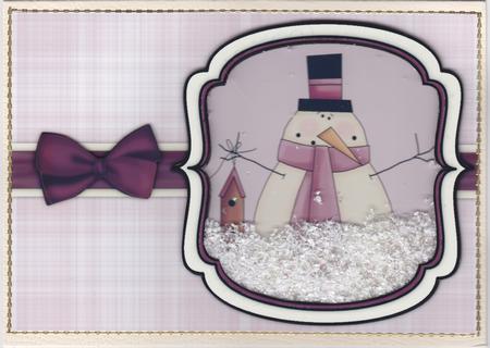 Snowman with Birdhouse Shaker Card - Dusky Pink by Susan Cummings
