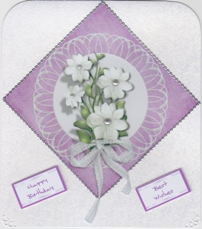 White Flowers and Lace on Purple Background by Susan Cummings