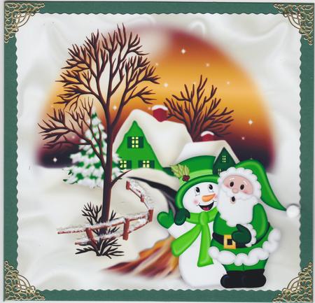 Santa with Snowman in Snow Scene by Susan Cummings