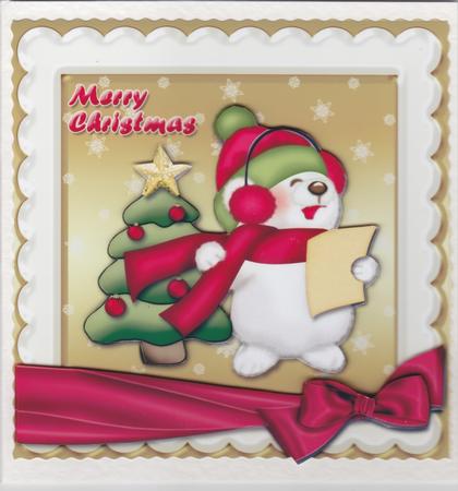 Carol Singing Bear Bow Wrap Card Front by Susan Cummings