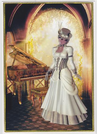 Steampunk Piano Lady Card Front and Decoupage by Susan Cummings