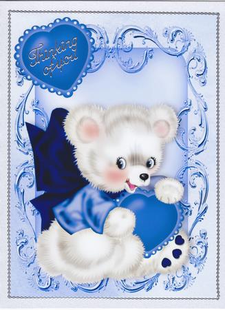Cute Little Teddy Bear with Blue Bow and Hearts A4 by Susan Cummings