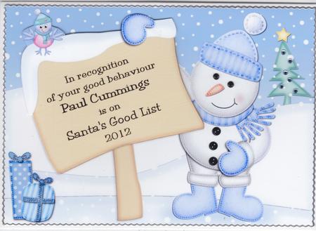 Xmas Snowman's Sign A5 Quick Card 3D Decoupage by Susan Cummings
