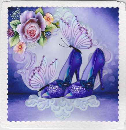 Purple Sparkle Shoes with Roses and Butterflies 8x8 by Susan Cummings
