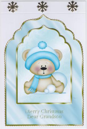 Winter Teddy Scalloped Edged Card Front - Grandson by Susan Cummings