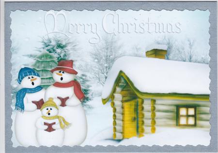 Snowman Family Singing with Cottage A4 by Susan Cummings