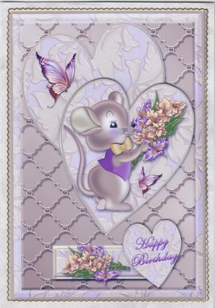 Mouse with Flowers and Hearts Card Front by Susan Cummings