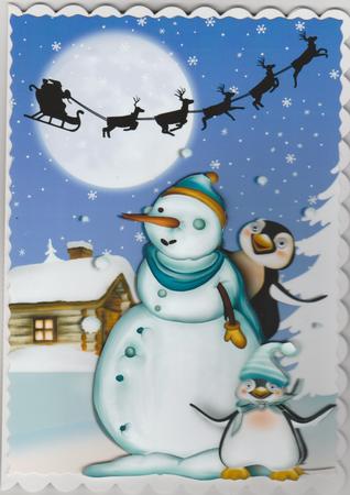 Penguins Playing with Snowman & Santa in Sleigh by Susan Cummings