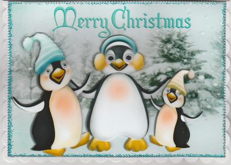 Penguins in Santa Hats in the Snow by Susan Cummings