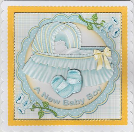 Baby Boy Cot and Booties Card Front by Susan Cummings