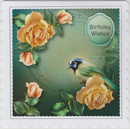 Green Jay & Yellow Roses Square Topper by Susan Cummings