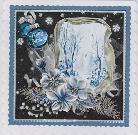 Winter Flowers & Snow Scene at Night in Blue 8x8inch by Susan Cummings