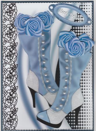 Vintage Powder Blue Boots with Black Lace & Blue Roses by Susan Cummings