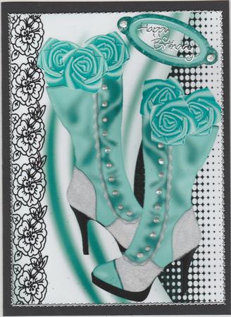 Turq Vintage Boots with Black Lace and Turq Roses A4 by Susan Cummings