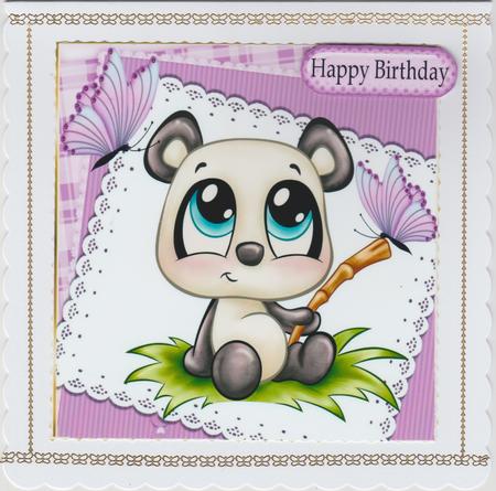 Cute Panda with Butterflies on Lace 8x8 by Susan Cummings