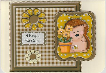 Hedgehog and Flowers Brown Square Layered Card Topper by Susan Cummings