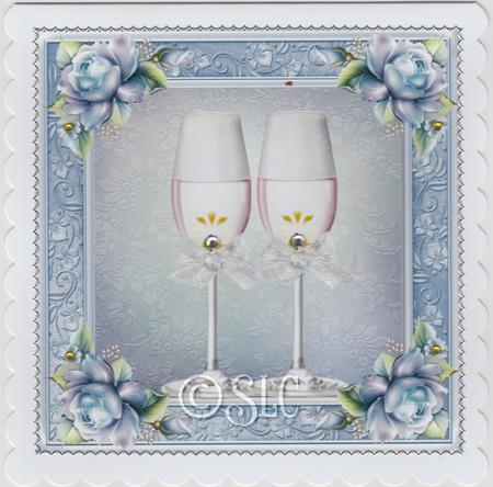 Champagne Glass's with Blue Roses 8x8 by Susan Cummings
