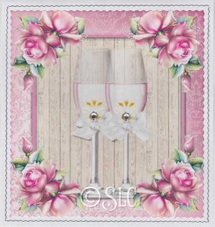 Champagne Glass's with Pink Roses 8x8 by Susan Cummings