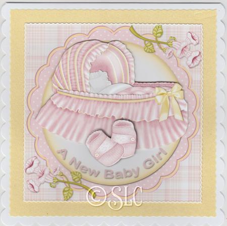 Baby Girl Cot and Booties Card Front by Susan Cummings