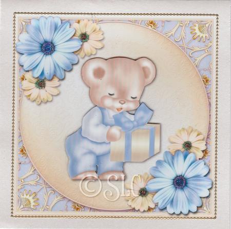 Blue Bear with Gift Square Card Front by Susan Cummings