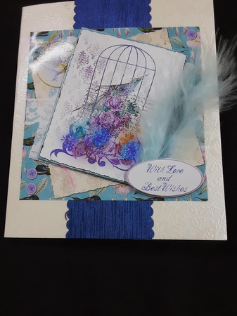 6 x 6 Card Front Bird/Birdcage with Toppers and Sentiments, Lilac/Turquoise by Susan Green