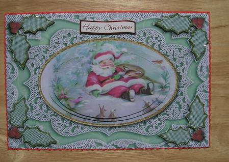Sleepy Santa A5 Oval Lace Card Front Step by Step by Susan Hopkins