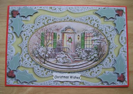 Christmas Door A5 Oval Lace Card Front Step by Step by Susan Hopkins