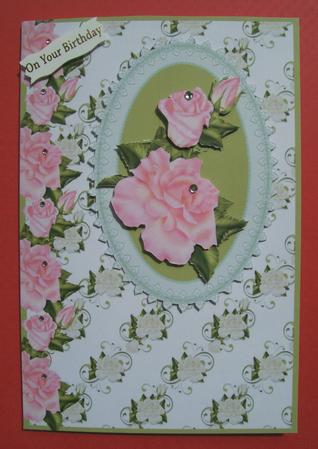 Green Lace and Pink Rose Decoupage Card Front by Susan Hopkins