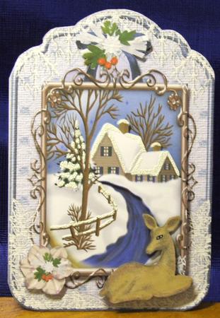 Christmas Snow Scene in Lace Frame with Deer A4 by Susan James