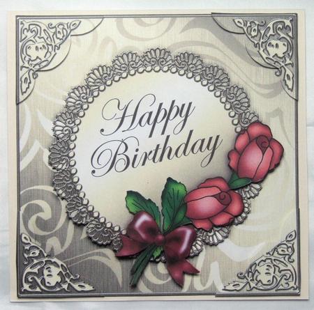 Roses and Metallic Lace 8 x 8 Scalloped Corner Topper by Susan James