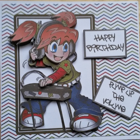 Anime Dj - 6x6 Decoupage Card - Khaki Green & Red by Susan Lamb