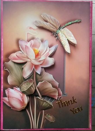 Lotus Flower and Dragonfly Card Front with Decoupage by Susan Lamb