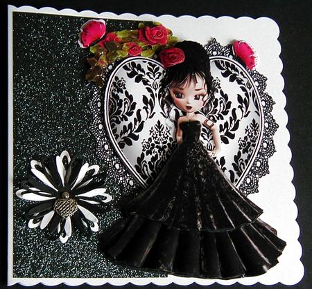 Pretty Lady with Red Roses on Black Lace Heart by Susan Lanceley