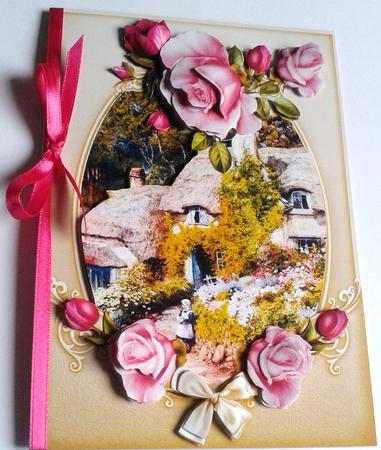Thatched Cottage Card and Rose Decoupage by Susan Lanceley