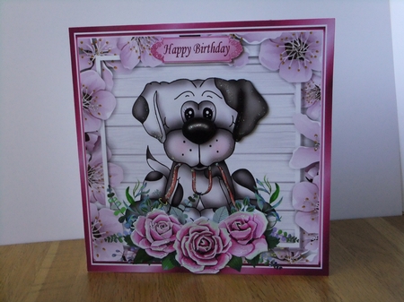 Take me walkies! cute dog with pink roses 8x8 by Susan Lapornik