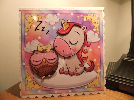 Beautiful Sleeping Unicorn & Owl  8x8 by Susan Lapornik