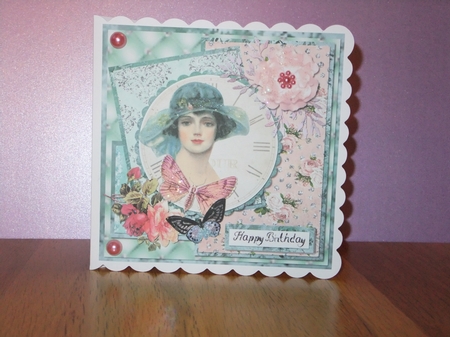 6 x 6 Card Front Shabby Chic Lady in Sunhat with Toppers and Sentiments, Aqua/Pink  by Susan Lapornik