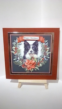 Christmas Poinsettias Watercolour Border Collie Puppy Dog - 6 x 6 Card Topper With Decoupage & Tags by Susan Lapornik