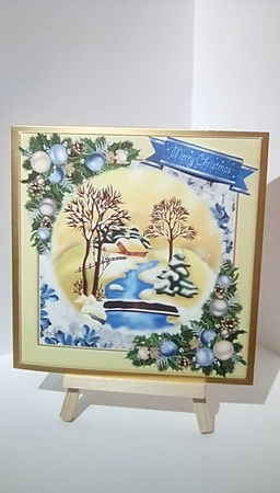  4 Lovely snow scenes with cottages, stream and blue baubles 8x8  mini kit by Susan Lapornik
