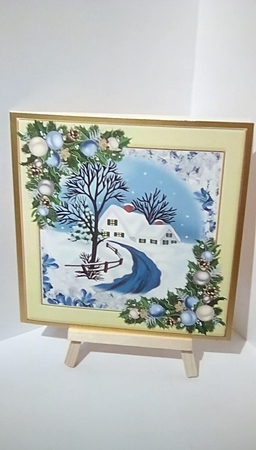  4 Lovely snow scenes with cottages, stream and blue baubles 8x8  mini kit by Susan Lapornik