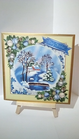  4 Lovely snow scenes with cottages, stream and blue baubles 8x8  mini kit by Susan Lapornik