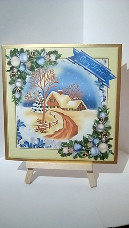  4 Lovely snow scenes with cottages, stream and blue baubles 8x8  mini kit by Susan Lapornik