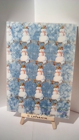 A4 Paper Christmas Snowmen on Snowy Burlap Background, Blue/White by Susan Lapornik