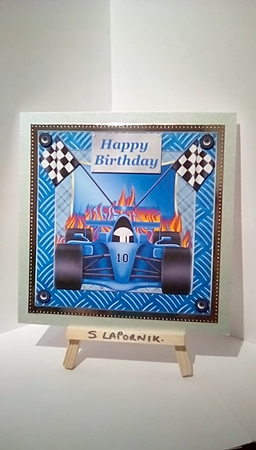 Blue racing car card front by Susan Lapornik