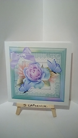 pretty lilac rose in rainbow frame with butterflies card front 7x7 by Susan Lapornik