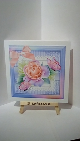 pretty peach rose in rainbow frame with butterflies card front 7x7 by Susan Lapornik