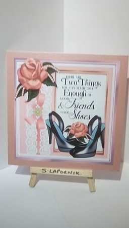 pretty pink rose, lace bow and shoes 8x8 card front by Susan Lapornik
